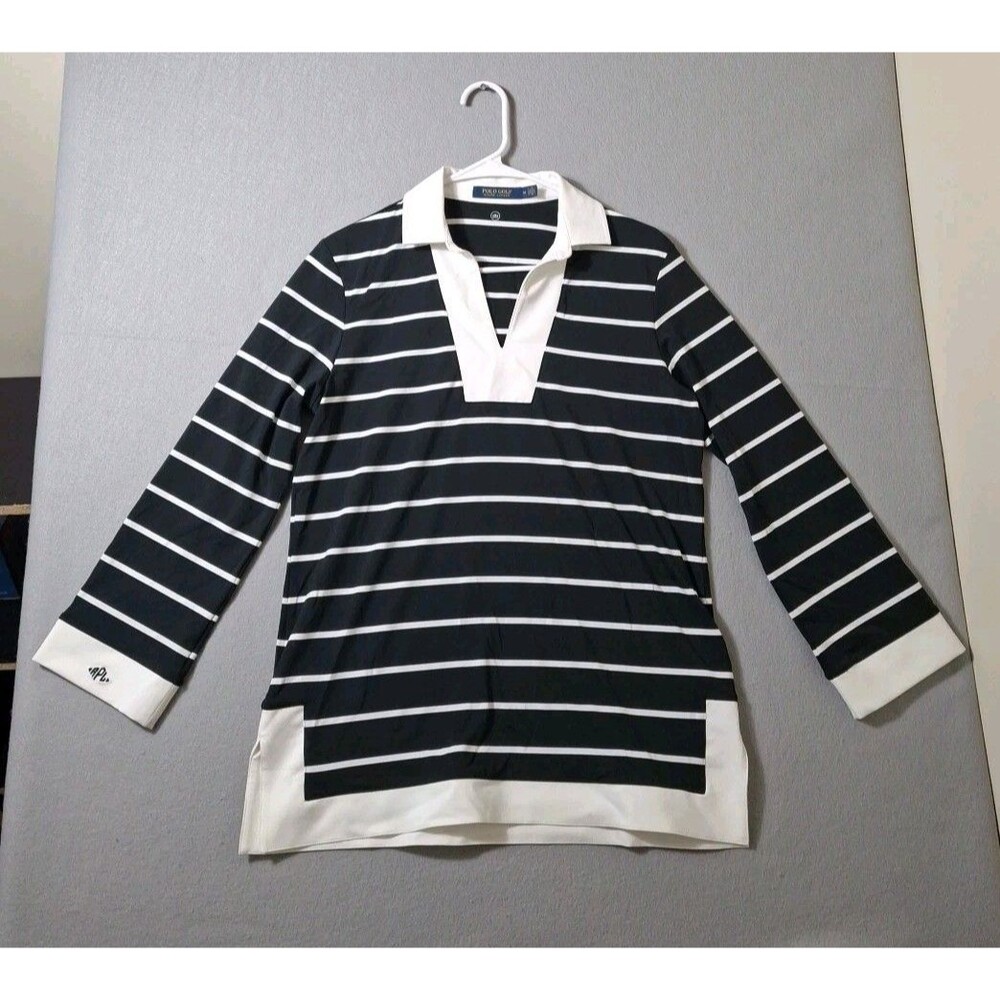 Polo Golf Ralph Lauren Tunic Top Womens Medium Performance B lack White Stripes